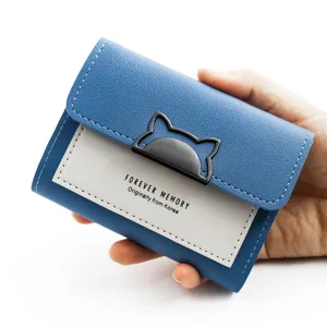 Korean style minimalist blue trifold wallet for women featuring a cute cat ear clasp