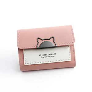 Minimalist pink and white tri-fold short wallet for women with cat ear metal decoration