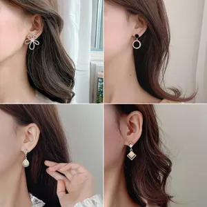 Collage showing four styles of elegant earrings on an Asian model's ear.