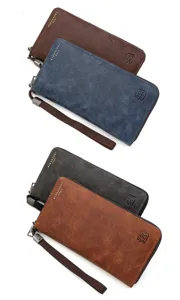 Vintage heren lange portefeuilles van PU-leer in diverse kleuren met rits en riem