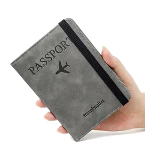 RFID blocking PU leather passport holder and travel wallet in gray with elastic strap