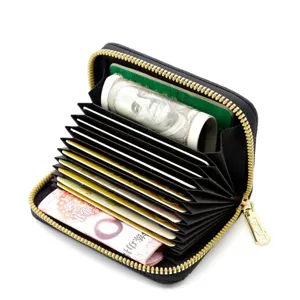 Porte-cartes en cuir à grain de litchi noir avec fentes accordéon et grande taille