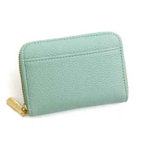 Porte-cartes accordéon en cuir grainé vert menthe avec fermeture éclair dorée