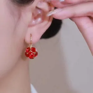 Elegant red crystal ball dangle earrings with gold hooks for women in french style