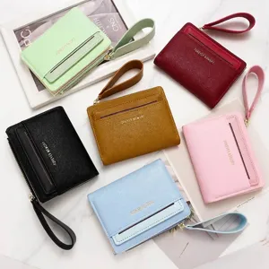 Elegante cartera corta para mujer con cremallera, correa de mano y ranuras para tarjetas