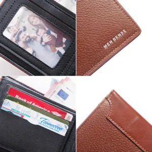 MenBense men's tri-fold PU leather wallet with multiple card slots and photo window