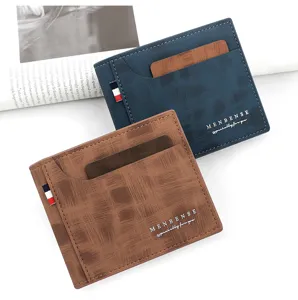 Billeteras delgadas para hombre en azul y marrón con acabado texturizado y ranuras para tarjetas.