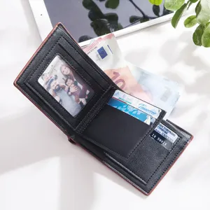 Modern men's trifold PU leather wallet with multiple card slots and photo ID window