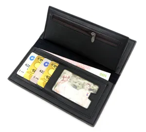 Detailed interior view of a black PU leather long wallet with card slots and ID window