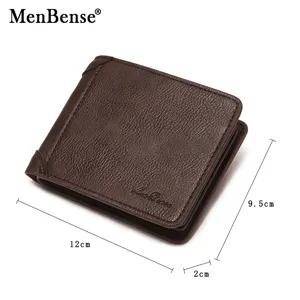 MenBense vintage brown leather trifold wallet for men, dimensions 12cm x 9.5cm x 2cm