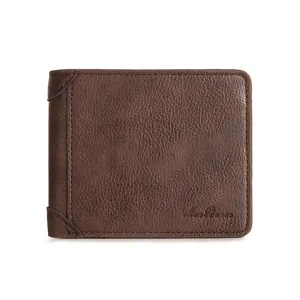Vintage brown leather tri-fold wallet for men with embossed logo and textured finish