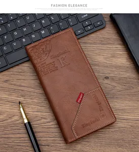 Detailed view of the brown PU leather long wallet with Kingdushi embossed logo