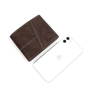 Men's vintage brown bifold business wallet with card slots displayed next to a smartphone