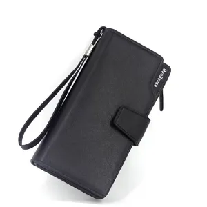 Classic black men's long faux leather wallet and business clutch with wrist strap