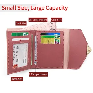 Elegant women's short trifold wallet featuring heart-shaped buckle and multiple card slots.