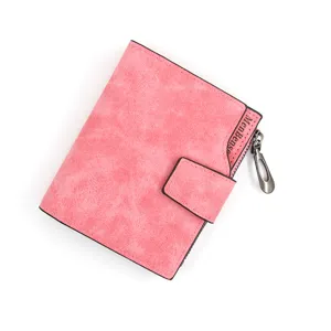 Portefeuille court élégant en cuir givré rose pour femme avec fermeture éclair et poches cartes