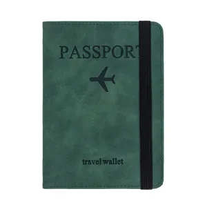 Dark green PU leather RFID passport holder with elastic band travel wallet