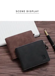Vista detallada de dos carteras cortas esmeriladas para hombre en marrón y negro
