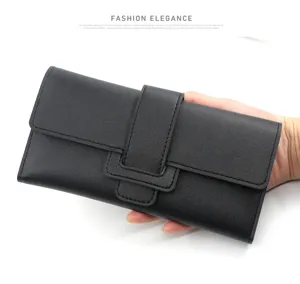 Elegant black faux leather long wallet for women with stylish buckle closure