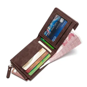 Cartera bifold de hombre en cuero marrón mate con cremallera y ranuras para tarjetas