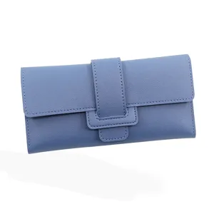 Elegant blue long trifold wallet for women featuring a stylish buckle and pebbled texture