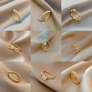 Simple Fashion Adjustable Open Ring For Women Copper Gold Plated Artificial Pearl Rhinestone Inlaid Korean Style Jewelry