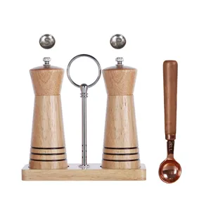 Set di macinapepe e macinasale manuali in legno con base e cucchiaio dosatore