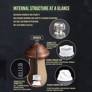 Detail of mushroom wood pepper grinder with adjustable ceramic core and steel parts.