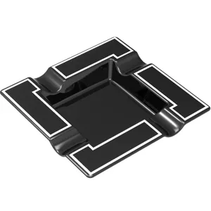 Square black melamine cigar ashtray with four cigar slots and white geometric design