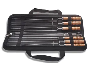 Stainless steel barbecue skewers set detail showing flat metal needles and wooden handles.