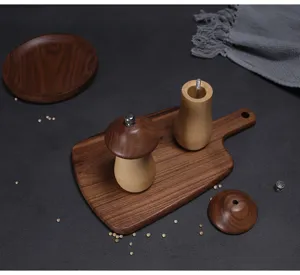 Detailed view of the disassembled parts of the cute mushroom wooden pepper grinder set