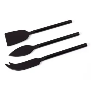 3-piece set of black stainless steel cheese knives and butter spreaders detail view.