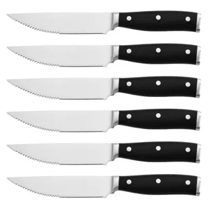 Set of six stainless steel steak knives featuring black handles for home dining use