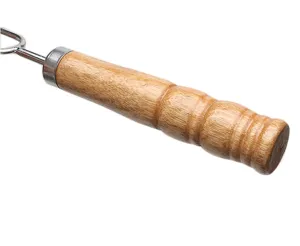 Stainless steel barbecue skewer wooden handle detail shot showing ergonomic grip and metal ring.