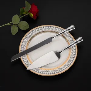 Elegantes silbernes Hochzeitstorten-Messer- und Heber-Set aus Edelstahl mit Herzgriffen