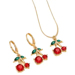 Sweet red cherry crystal necklace and earrings jewelry set for women