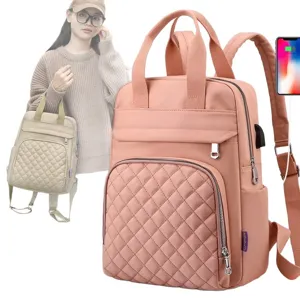 Large capacity mommy backpack with USB charging port and quilted waterproof fabric