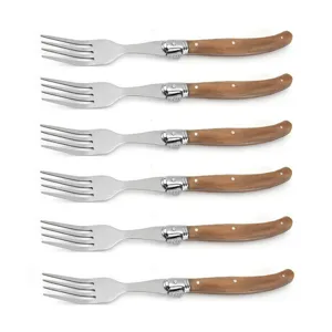 Set of six high-quality stainless steel forks with acacia wood handles