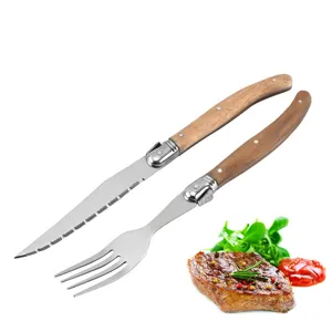 Acacia wood handle serrated steak knife and fork set with 420 stainless steel detail