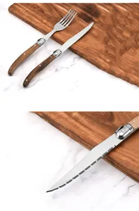 Detailed macro view of stainless steel steak knife with serrated blade and handle