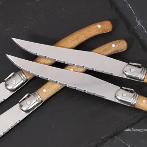 Close-up of serrated steak knife with acacia wood handle and 420 stainless steel blade