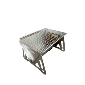 Detail showing the assembly of a portable foldable stainless steel outdoor BBQ grill