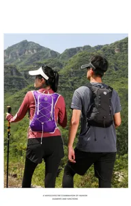 Back view of models wearing purple and black lightweight hydration running vests