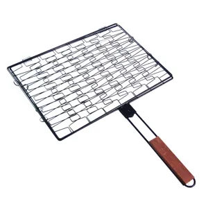 Rectangular non-stick BBQ grill basket with heat-resistant wooden handle for fish