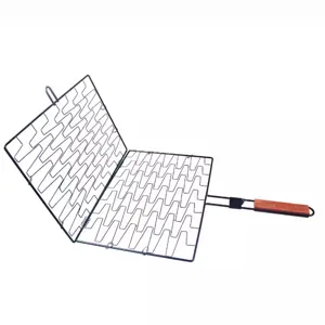 Portable non-stick rectangular metal barbecue fish grill clip with heat-resistant wooden handle