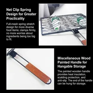Portable rectangular non-stick fish grill basket with heat-resistant wooden handle