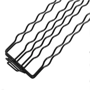 Close-up of black wavy wire mesh on a multi-functional BBQ grill basket for sausages