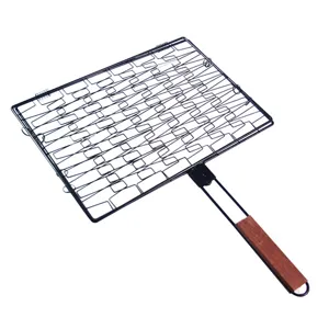 Portable rectangular non-stick BBQ grill basket with heat-resistant wooden handle for fish and steak