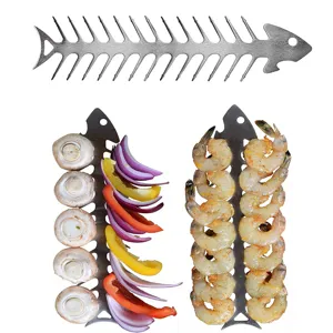 Detailed view of stainless steel fish bone skewer used for grilling shrimp and vegetables
