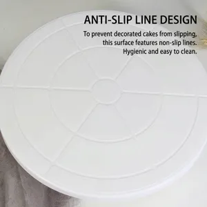 Macro detail view of the non-slip circular pattern on a professional white cake turntable